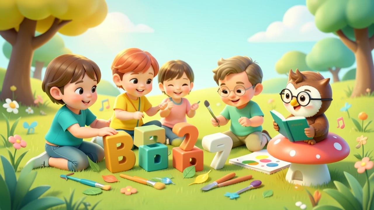 Young children exploring letters, numbers, nature and music with the Brightpath owl mascot